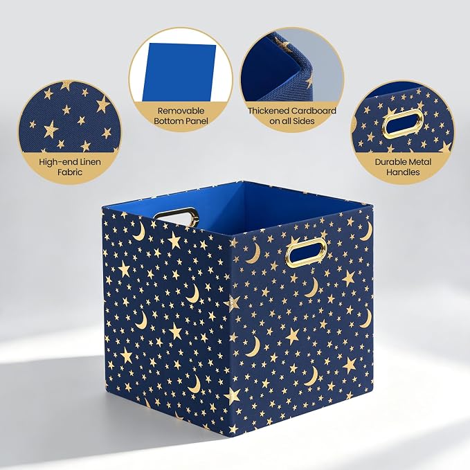 Posprica 11x11x11 Storage Cube Bins, Collapsible Storage Bins Fabric Storage Cubes Organizer Baskets Box Drawers for Shelves, Closet, Wardrobe, Bookshelf, Cabinet Blue-Moonstar, 4 Pack