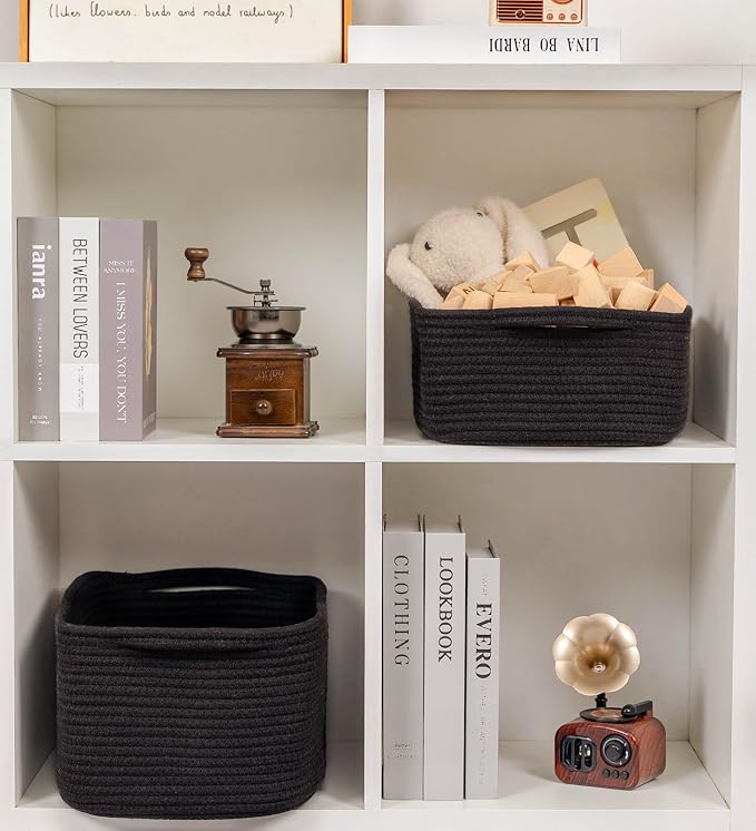 CubesLand Cube Storage Organizer Basket Bin, Cotton Rope Shelves Basket | Durable Woven Rectangular Shelf Basket for Organizing, Nursery Toys Basket, Black Basket