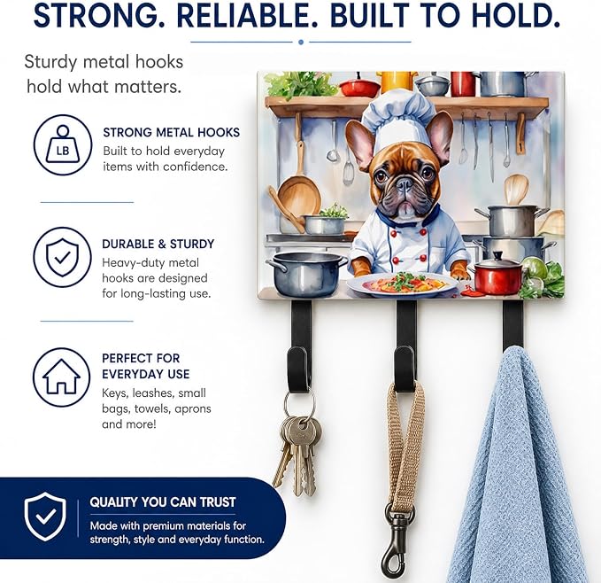 Caroline's Treasures French Bulldog The Chef Leash or Key Holder Wall Hooks, Key Hooks Holder, Coat Rack Wall Mount, Coat Hooks, Hooks for Hanging Keys, Towels, Aprons, Leashes | French Bulldog The Chef artwork on ceramic tile with three steel hooks fo...