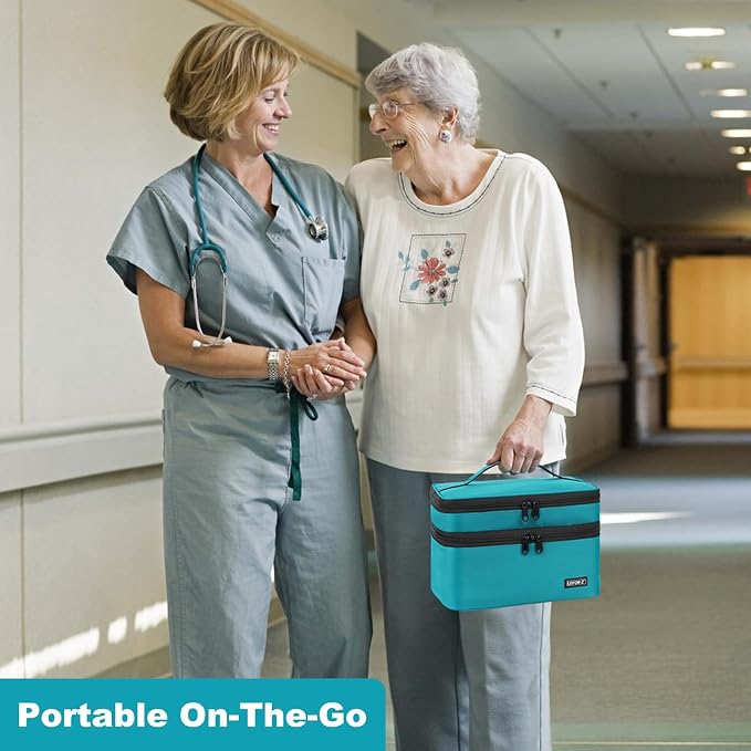 LEFOR·Z Medicine Storage Bag,Double Layers Pill Bottle Organizer Bag Empty | Medical Supplies Bag with Lockable Zipper & Adjustable Divider,Medication Travel Carrying Bag for Pills,Vitamins,Teal Color