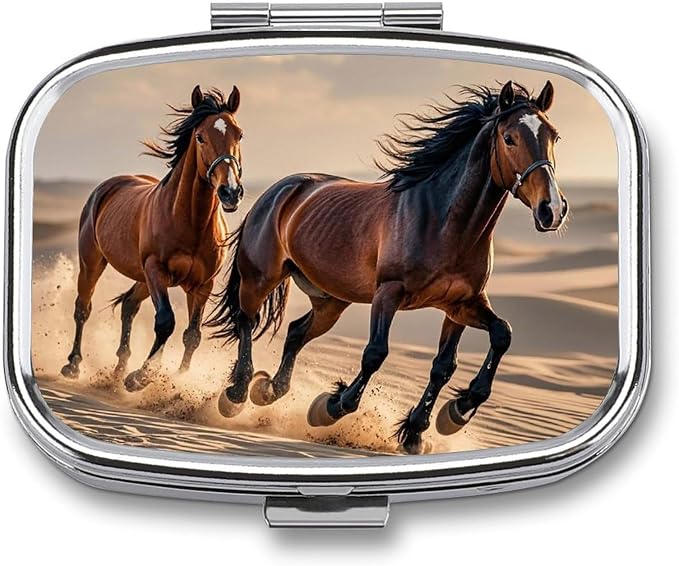 Horses Running in The Sand Pill Box 2 Compartment Medicine Pill Case Portable Pill Organizer for Pocket Or Purse Decorative Metal Medicine Vitamin Organizer