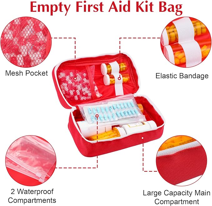 8 Pack Empty First Aid Bag, Emergency Bag Empty, First Aid Case, Portable Medical Storage Pouch for Camping Hiking Travel Home Office (Red)