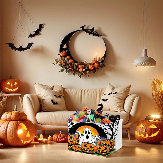 Large Halloween Basket Gift Cute Ghost Pumpkin Parties Decor Kid Trick or Treat Basket for Boys and Girls Rectangular Storage Bin Box (Great Ghost)