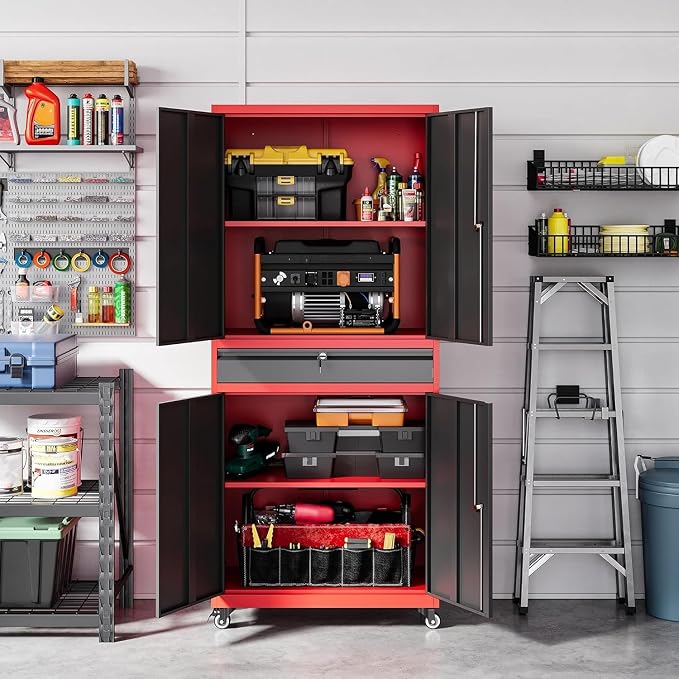 Metal Garage Storage Cabinet with Wheels,Rolling Tool Cabinet with Adjustable Shelves and Drawer for Garage Home Utility Room (Red)
