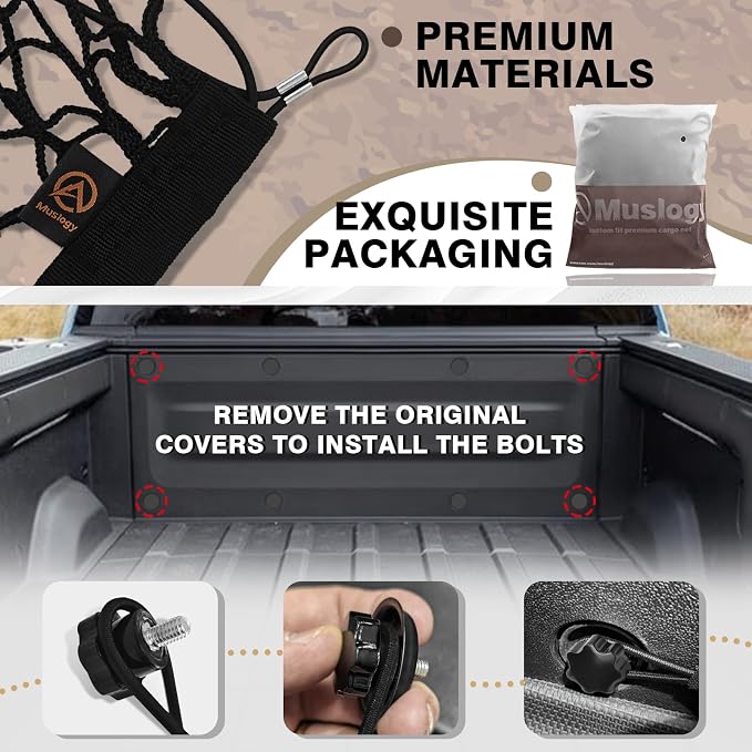 Muslogy Cargo Net for Rivian R1T 2026 2025 2024 2023 2022 Accessories | Custom Fit, Truck Bed Storage Organizer Net for Pickup Truck Bed Divider, Heavy Duty Carabiners, Night Visible Grab Handle