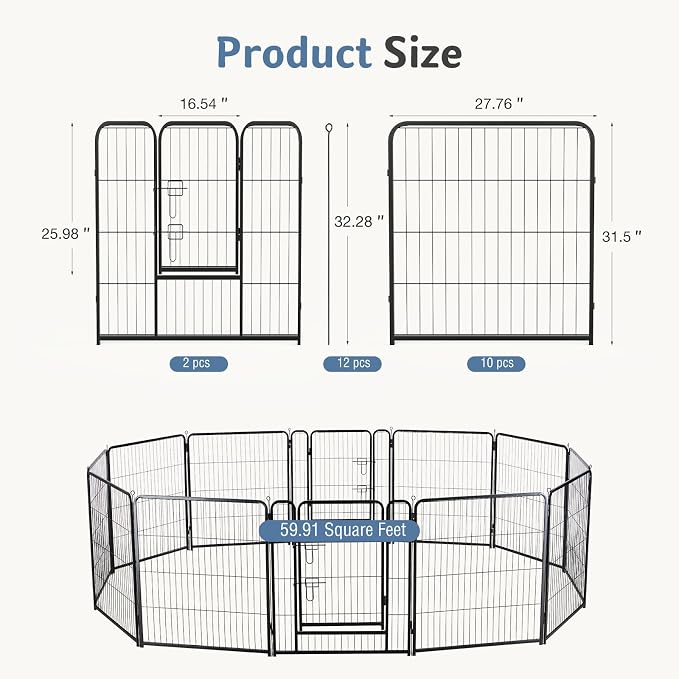DUMOS Dog Playpen 32 Inch 12 Panels Indoor Outdoor Metal Pet Fence | Foldable Dog Play Pen with Door, Portable Exercise, RV Camping, Puppy Small Medium Dogs