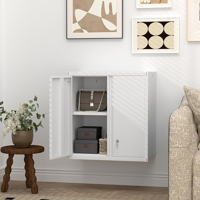 Metal Wall Cabinets, Kitchen Wall Hanging Cabinet, Locking Steel Storage Cabinets with Adjustable Shelves and Locking Doors, Wall Mount Tool Cabinet for Garage, Home, White