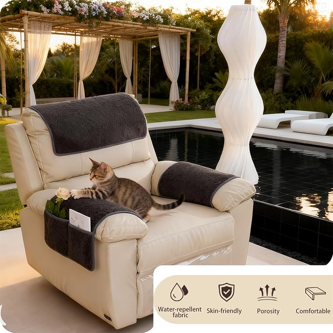 Sherpa Fleece Armrest and Headrest Covers with 2 Pockets | Soft fleece with nonslip silicone backing helps protect leather and fabric furniture from pet scratches machine washable