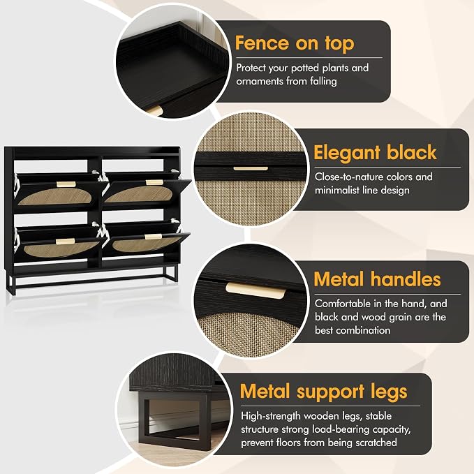 Maupvit Large Rattan Shoe Storage Cabinet with 4 Flip Drawers, Freestanding Shoe Organizer with Metal Legs for Entryway, Hidden Golden Handles, Narrow Shoe Rack Cabinet, Black