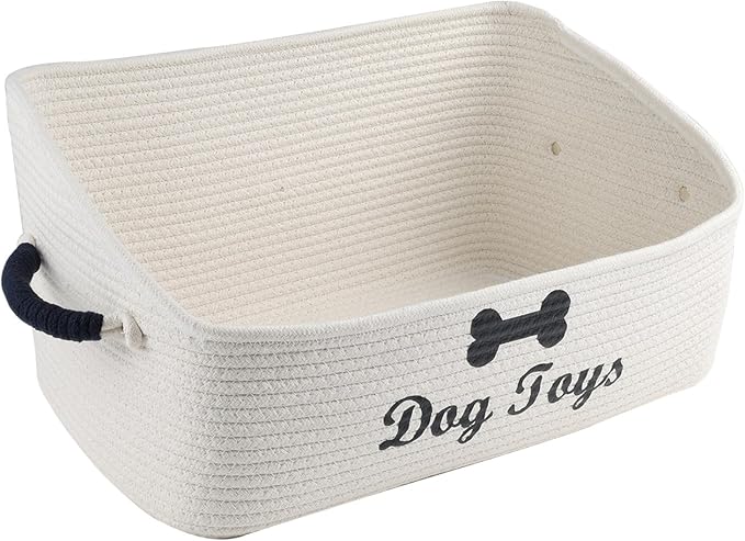 Dog Toy Basket-100% Cotton Rope Dog Toy Bin for Living Room Area-Trapezoid Pet Toys Box with Sturdy Handle-Puppy Bed-Dog Stuff Organizer for Toys,Collar,Leash,Blanket-Chew Proof-Beige