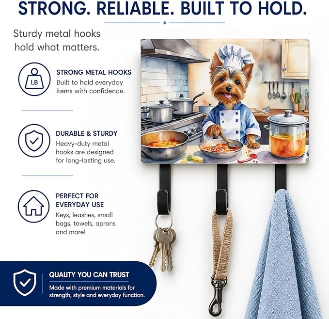 Caroline's Treasures Silky Terrier The Chef Leash or Key Holder Wall Hooks, Key Hooks Holder, Coat Rack Wall Mount, Coat Hooks, Hooks for Hanging Keys, Towels, Aprons, Leashes | Silky Terrier The Chef artwork on ceramic tile with three steel hooks for ...