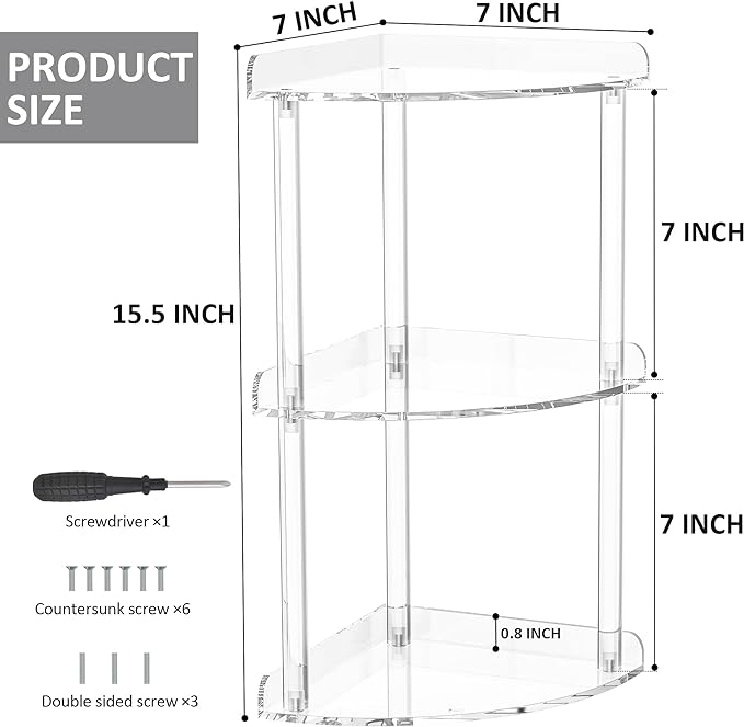 Sezanrpt 3 Tier Countertop Corner Organizer Shelf 7x7x15.7 Inch, Countertop Acrylic Bathroom Corner Shelf, Clear Vanity Storage Organizer for Cosmetics, Toiletries