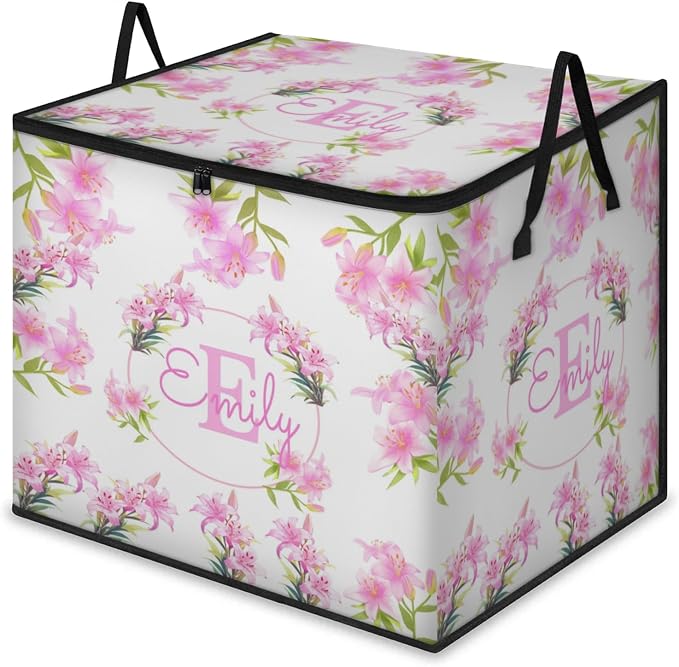 Personalized Extra Large Storage Basket with Lid, Comforters, Bedding Toys Storage Bin with Handles for Home, Collapsible Basket for Clothes, Moving, Car Trunk, Bright Violet Pink Lily Flower