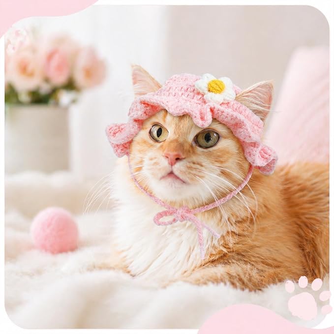 2Pcs Crochet Cat Hats Knit Cat Hat Cute Soft Flowers Hat (Pink, Yellow) | Knit Cat, With Adjustable Cord, Handmade Crochet Cats Clothes, for Puppy Kitten, for Holiday Birthday Party Costume Accessory