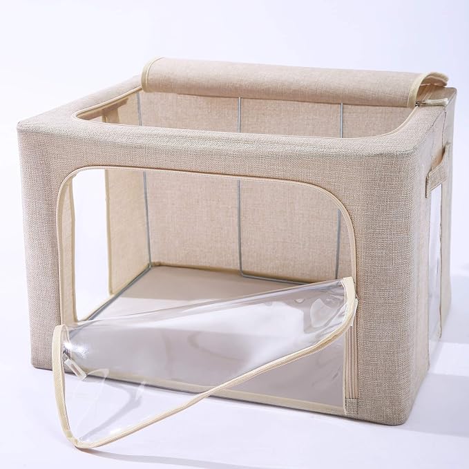CYhom 3Pack Foldable Storage Bins - Frame Storage Box Linen Fabric Stackable Clothes Container Organizer with Clear Window & Carry Handles Large Capacity (Large-66L, Beige)