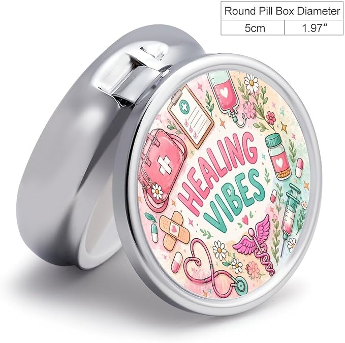 Healing Vibes with Pastel Blooms Round Pill Box with 3 Compartments, Portable Travel Pill Organizer with Spring Snap Closure for Vitamins Supplements Fish Oil