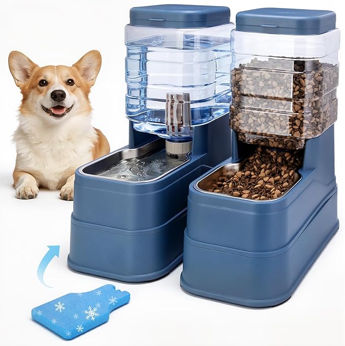 Automatic Cat Feeder and Water Dispenser with Stainless Steel Bowl with Ice Pack Gravity Food Feeder and Waterer Set Feeding Raised Bowls with Filter for Dog 1.3 Gallon x 2(Blue)