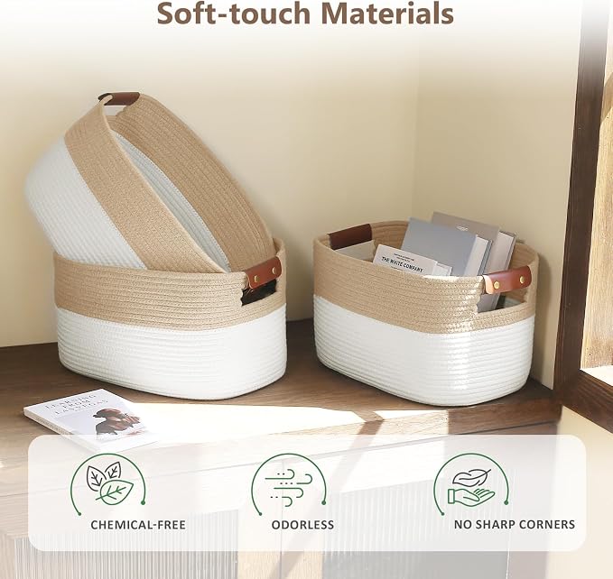 ECDYQXVU 15x10x9 Woven Cotton Rope Storage Basket, Leather Handles 1 Pack | Foldable Design, Sturdy PU Handles, Easy to Clean Organizer for Living Room, Closet, Shelves, Bedroom, Laundry, Clothes
