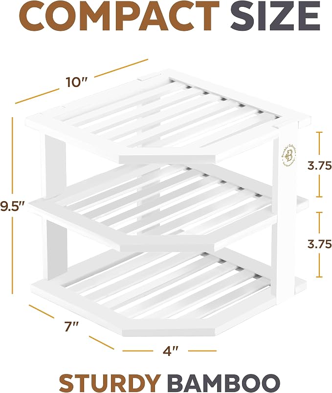 White Plate Organizer for Cabinet - 3 Tier Bamboo Corner Cabinet Organizer Shelf for Plates Bowls Mugs Cups, Kitchen Cabinet Organizer, Cabinet Shelf Organizer, Countertop Rack, 10 x 10 x 9.5 Inch
