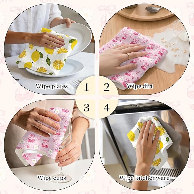 Lemon Kitchen Towels Set of 2 - Lemon Cherry Dish Towels for Kitchen Drying, Absorbent Dish Towels, Cute Fruit Kitchen Decor, Lemons Themed Gifts for Women, Summer Holiday Kitchen Accessories