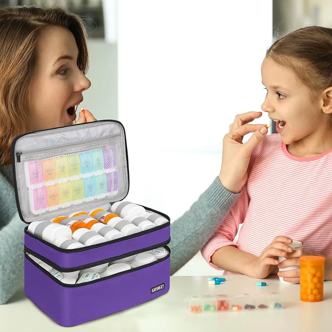 LEFOR·Z Medicine Storage Bag,Double Layers Pill Bottle Organizer Bag Empty | Medical Supplies Bag with Lockable Zipper & Adjustable Divider,Medication Travel Carrying Bag for Pills,Vitamins,Purple
