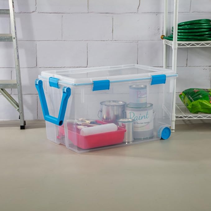 Sterilite Gasket Storage Box with Lids for Home & Office, 120 Quart, 3-Pack | Heavy-Duty, Stackable, and Organizing Containers for Bathroom, Cabinet, Closet, and Garage, Clear and Blue Aquarium Latches