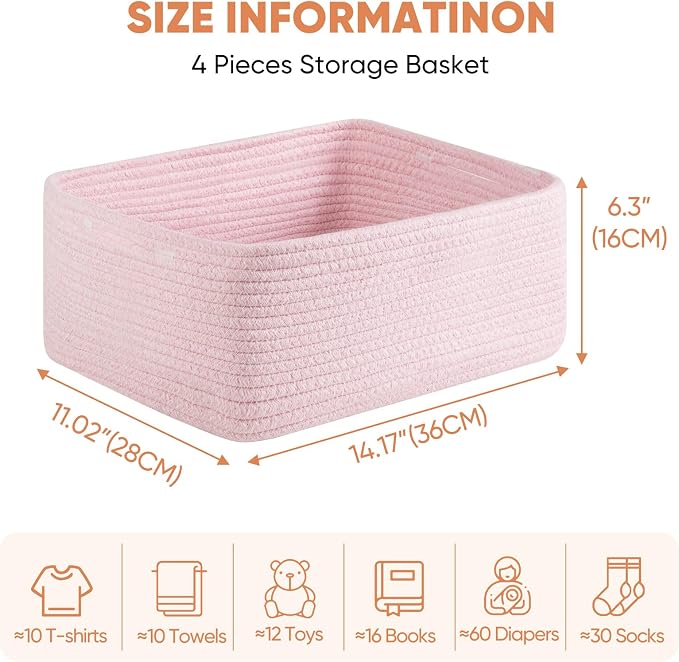 OIAHOMY 4 Pack 14.17 * 11.02 * 6.3IN Storage Baskets for Organizing Shelves, Woven Rope Baskets for Organizing Books, Clothes, Decorative Basket for Living Room, Nursery, Bedroom, Gift Basket, Pink