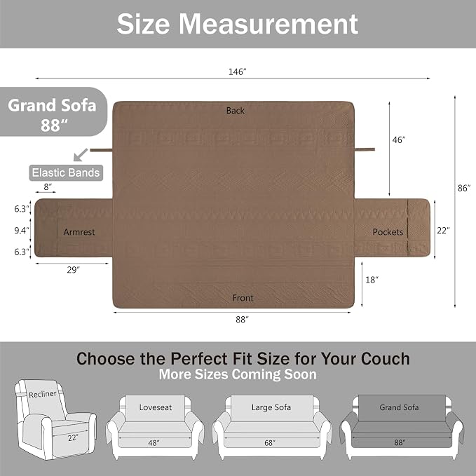Boho Quilted Grand Sofa Covers Washable, Couch Cover for Grand Sofa, Soft Cozy Couch Protector for 4 Cushion Couch, Oversized Grand Sofa Slipcovers Water-Repellent (Grand Sofa 88", Raw Umber)