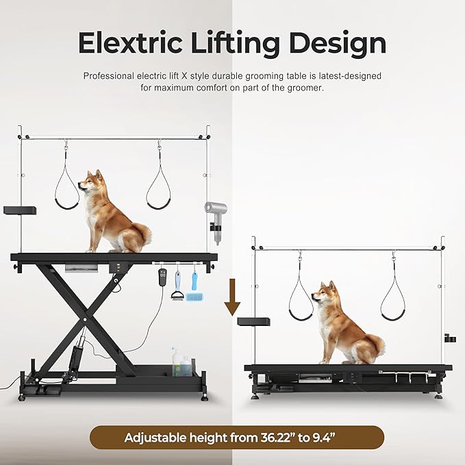 Electric Lift Pet Dog Grooming Table, Upgrade 50 Inch Heavy Duty 9'' -36'' Adjustable Height Professional Pet Grooming Table with Tool Organizer, Adjustable Overhead Arm for Large Dogs at Home, Black