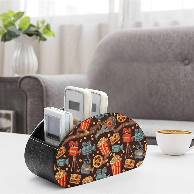 Leather Remote Control Holder Movie Theater Popcorn Office Desk Organizer | with 5 Compartments, Movie Theater Cinema Popcorn Caddy Storage Box for TV Remotes, Media Controllers, Makeup Brush