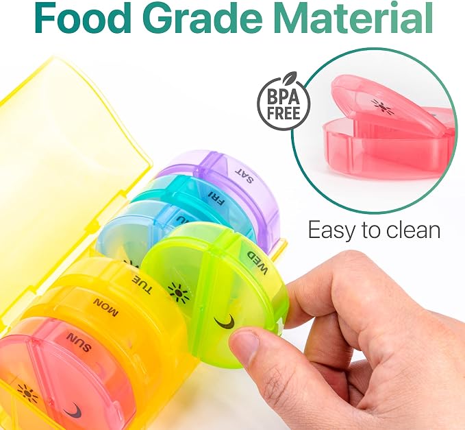 Sukuos Large Weekly Pill Organizer 2 Times a Day, Daily Pill Box 7 Day Easy to Open with Double Protection, AM PM Pill Case for Medicine/Vitamin/Fish Oil/Supplements (Yellow)