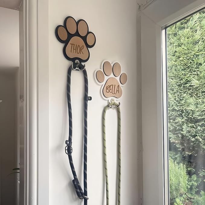 Personalized Dog Lead Holder, Natural Wood Pet Hook Paw Print Hook for Wall Keys, Customized Dog Leash Organizer for Collars and Coats, Pet Accessory for Home Decor‌