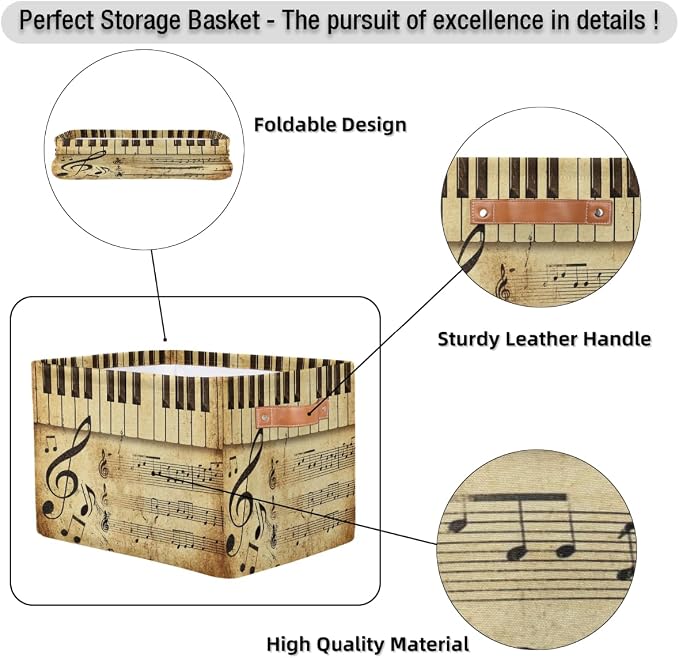 AUUXVA Vintage Storage Baskets Music Note Storage Bins Piano Key Storage Cube Box Collapsible Canvas Book Basket Organizer Bin with Handles for Shelf Closet Bedroom Home Office, 2 Pcs
