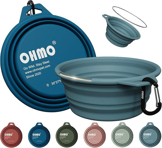 OHMO Collapsible Dog Water Bowls w/Built-in Stainless Steel Ring – 2pcs Large 27oz/800ml Portable Silicone Pet Feeding Bowl for Hiking, Camping, Travel