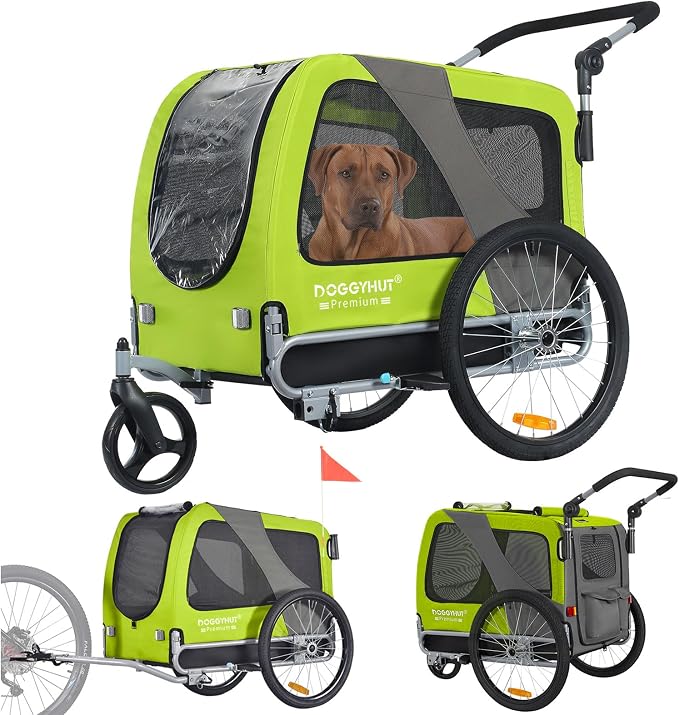 DOGGYHUT® Premium L Pet Bike Trailer & Stroller Up to 77 lbs (Lime Green) | Bicycle Trailer for Small Medium or Large Dogs, Dog Bicycle Carrier, Low Center of Gravity, Folding Frame Cart