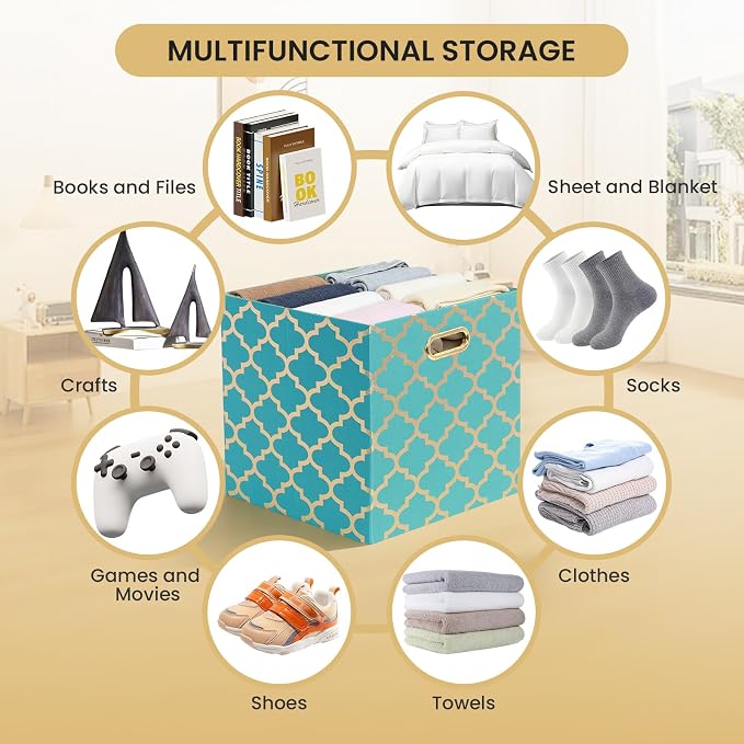 Posprica 11x11x11 Storage Cube Bins, Collapsible Storage Bins Fabric Storage Cubes Organizer Baskets Box Drawers for Shelves, Closet, Wardrobe, Bookshelf, Cabinet, Sky Blue/Gold Lantern, 4 Pack