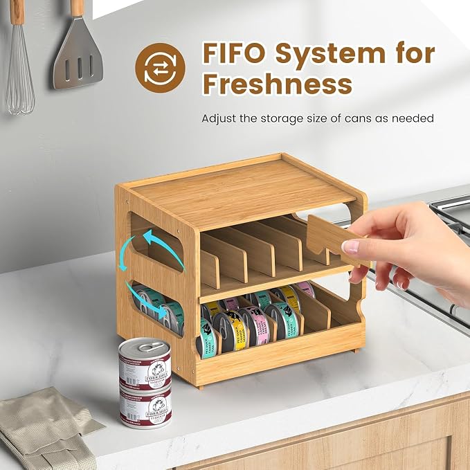 Stackable Bamboo Cat Food Can Organizer, Cat Canned Food Organizer Storage | 2-Tier Adjustable Stacking Can Dispensers, First-In & First-Out System, Holds Up to 36 Cans - for Pantry, Cabinet, Countertop
