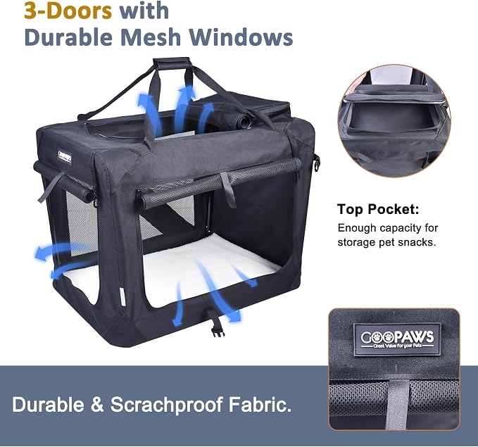 Jespet 3 Door Soft Dog Crates Kennel for Pets, Folding Travel Pet Carrier | 3 Mesh Doors 36'' Dog House, Large Pocket, Easy to Install, Steel Frame, Removable Crate Pad, For Indoor & Outdoor