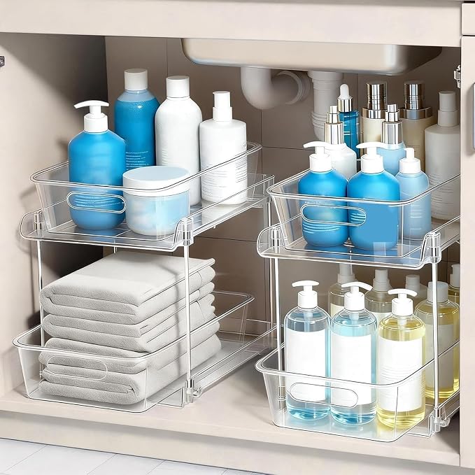 Under Sink Organizer Bathroom 2-Tier Pull-Out Cabinet Storage Sliding | Vanity Organizer for Laundry Room Pantry Vanity Office Home Apartment Cleansing Supplies Cosmetics Toiletries