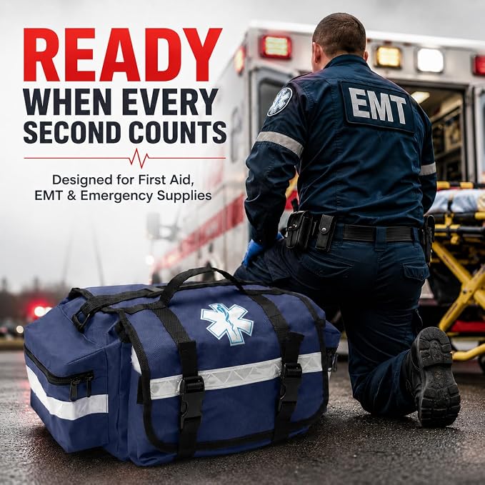 NOVAMEDIC NM-RO63P Professional First Responder Bag, 17” x 9” x 7” Empty EMT Trauma Kit Carrier with Removable Dividers, Reflective Strips, Water-Resistant Base for Emergency Medical Supplies (Blue)