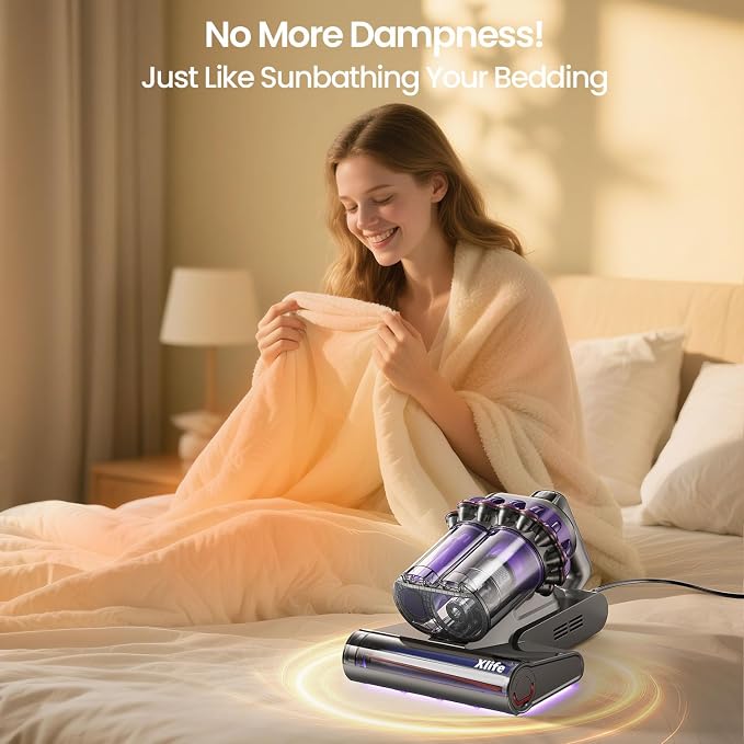 Xlife Mattress Vacuum, Bed Vacuum Cleaner with 2 Roller Brushes for Pet Hair, 253.7nm UV-C Light, 140F° Heating, 550W 16KPA Suction, HEPA Filter Couch Vauum for Bed, Sofa, Pillow, Baby Crib (Corded)