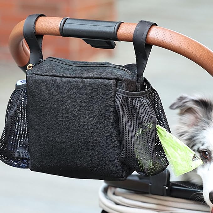Haofy Dog Stroller Caddy Organizer Large Capacity Hanging Bag for Pet Stroller Accessories Multifunctional Storage Pockets Water Bottle Holder Pet Travel Hiking Camping Carrier (Black)