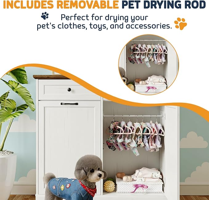 Double Tilt Out Trash Can Cabinet with Dog Bowl, 10 Gallons Dog Food Storage Cabinet, Hidden Trash Can Cabinet with Hideaway Drawer for Kitchen, Living Room (White Grain, Double Door)