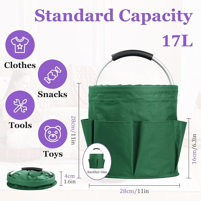 2-Pack Cleaning Supply Caddy with 6 Side Pockets, 17L Foldable Bucket Organizer Storage Tote with Handle, 600D Oxford Tool Bag for House, Dorm, Garden, Bathroom, Green