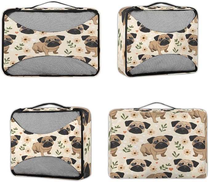 Pug Dog 4 Set Travel Packing Cubes for Accessories, Suitcase Organizers Luggage Bags Set with Double Zippers & Mesh Top