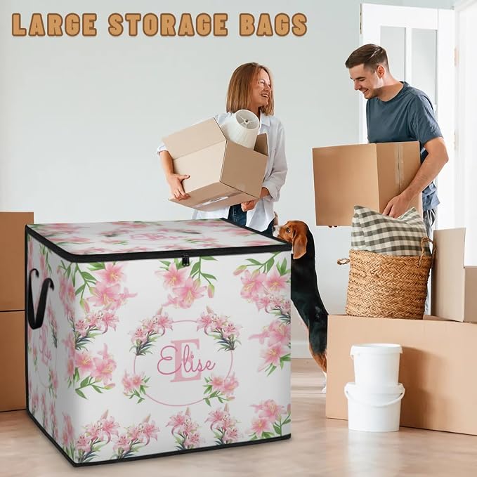 Personalized Storage Bags Large Organization Storage Containers for Comforters, Bedding, Blanket Foldable Organizer with Reinforced Handle, Pink Lily Floral