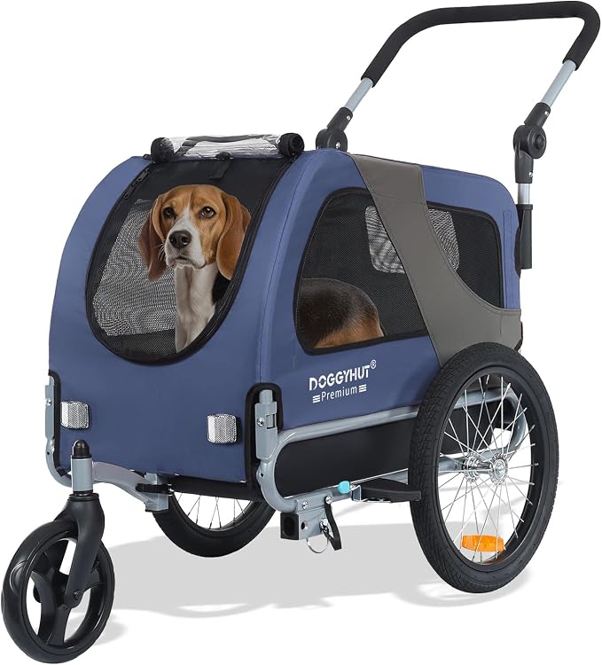 DOGGYHUT® Premium Medium Pet Bike Trailer & Stroller Up to 50 lbs (Blue) | Bicycle Trailer for Small or Medium Dogs, Dog Bicycle Carrier, Low Center of Gravity, Folding Frame Cart