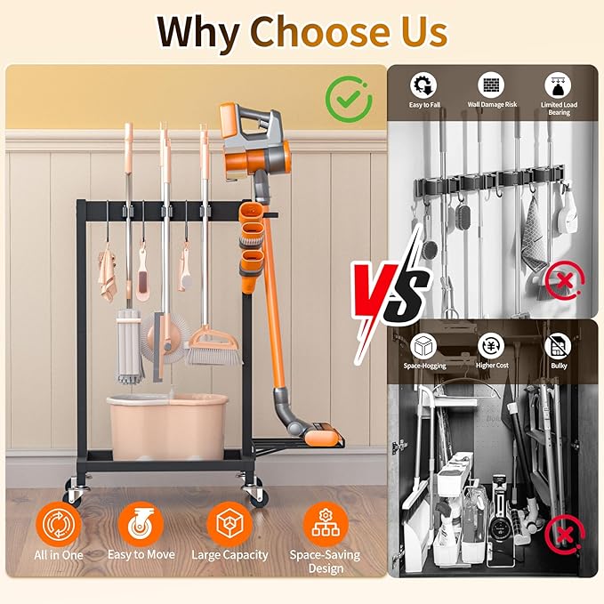 Broom Holder with Cleaning Supplies Organizer, 18" Wx11.8 Dx34.6 H | Load 160 LBS, Cleaning Cart with Wheels, 6 Mop Hanger Grippers, 3 Double-Hooks, Vacuum Stand for Laundry Garage Organization