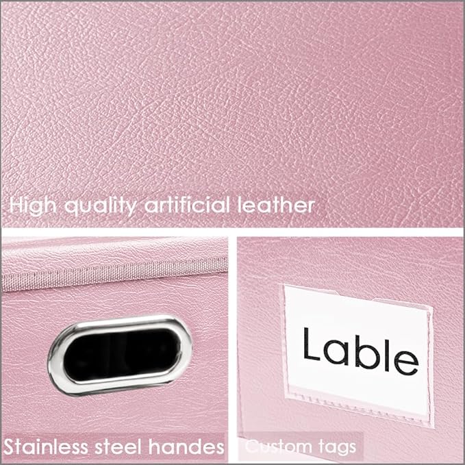 Foldable Storage Bins with Lids [5-Pack] Leather Fabric Collapsible Storage Boxes Organizer Containers Baskets Cube with Cover for Bedroom Closet Office Nursery Pink (14.9x10.8x10)