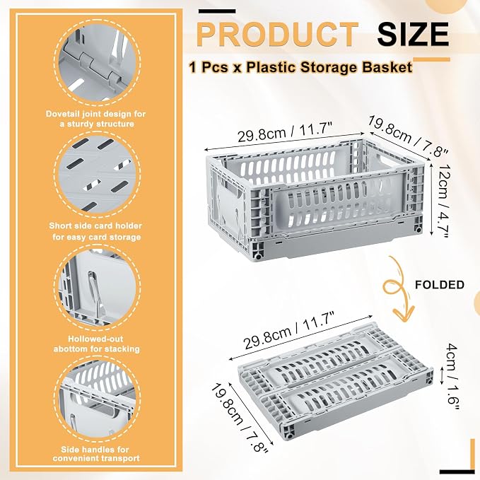 uxcell Collapsible Crates, 11.7x7.8x4.7 Stackable Plastic Storage Baskets with Handle Small Storage Containers for Bedroom Office Classroom Bathroom Desktop Organizer Decor, Dark Gray